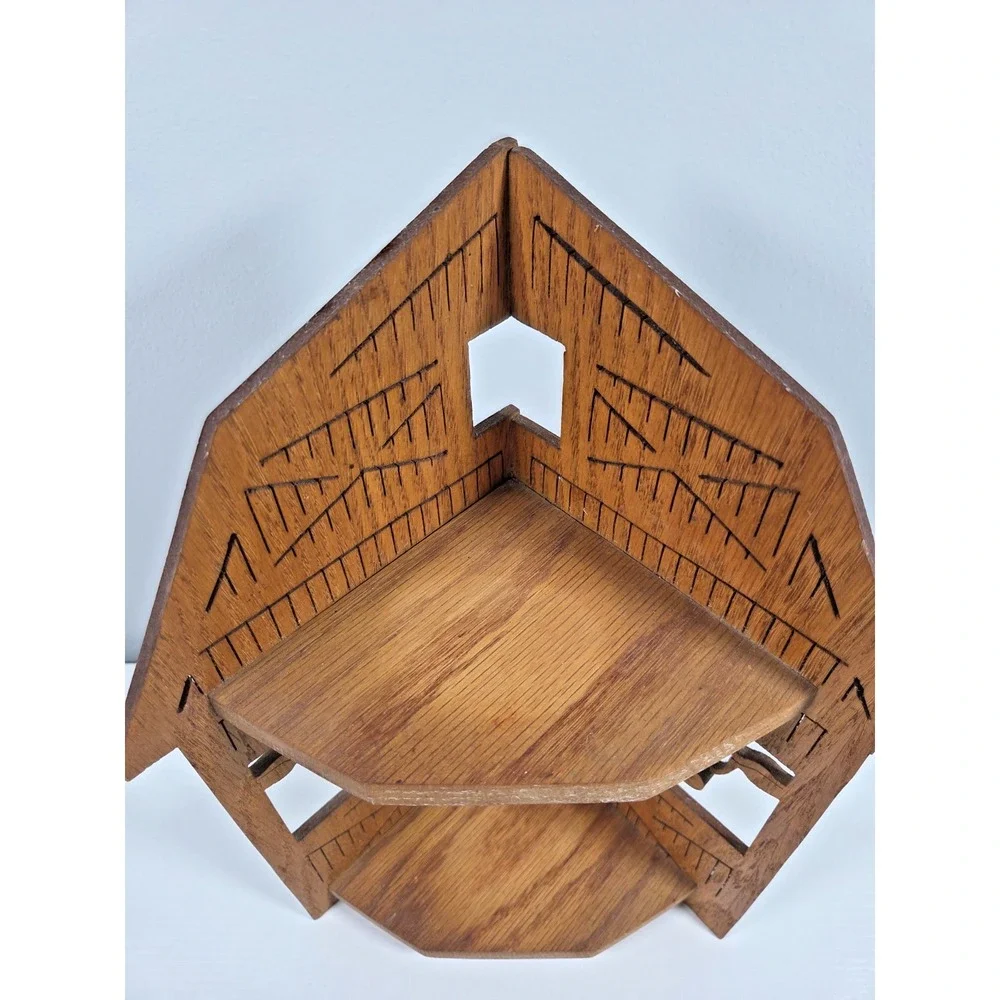 Vintage Hand Carved Wooden Small Barn Corner Shelf W/Decorative Cows Rustic